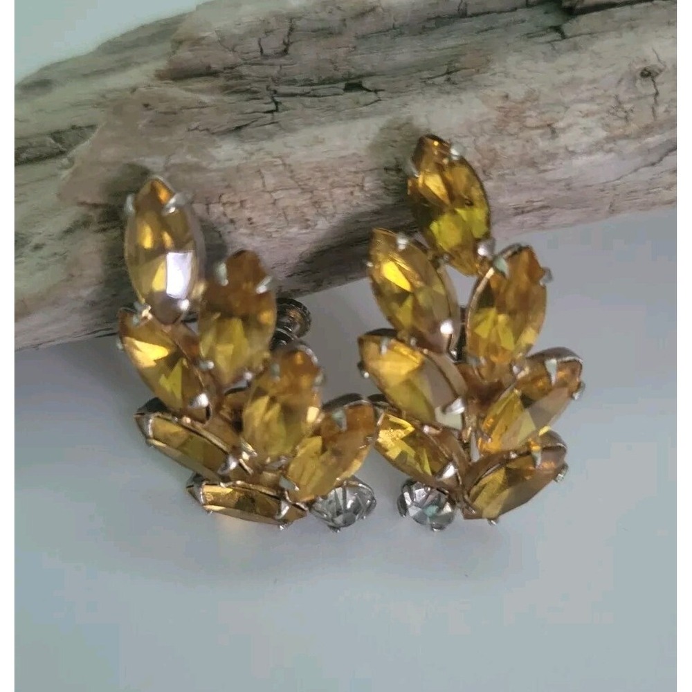 Vintage Yellow Statement Navette Glass Paste Screw Back Earrings 1.25"